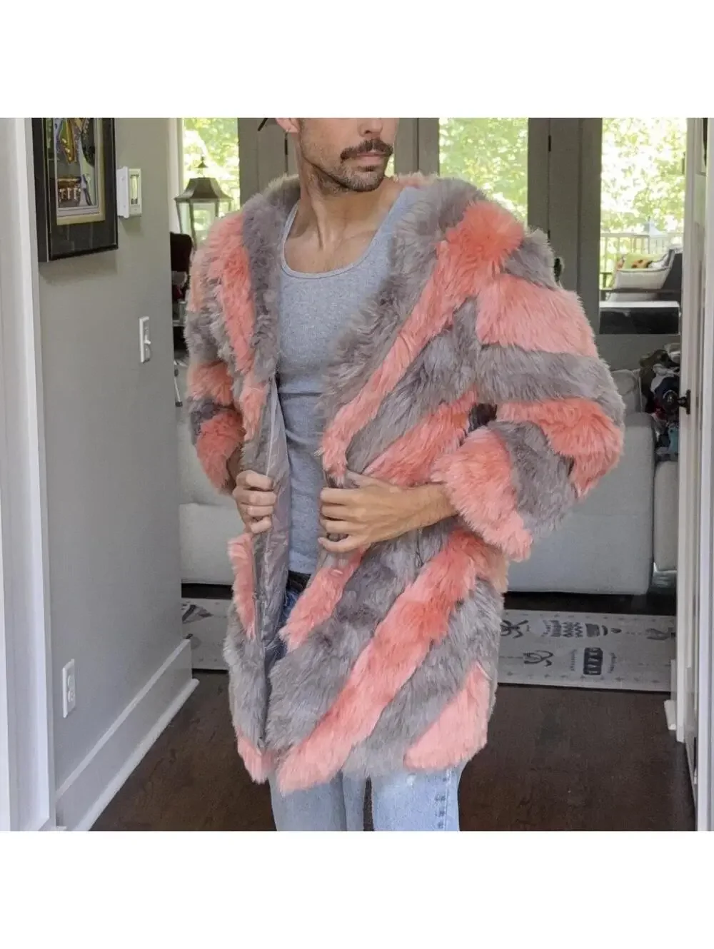 💖 DAISY Pink & Gray Chevron Faux Fur Festival Coat